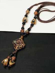 1pc Vintage Kiln-Fired Ceramic Brown Stone Glaze Bead Rope Long Necklace Sweater Chain, Suitable For Women's Daily Wear, Dating, Christmas, Valentine's Day Gift - Multicolor - View 3