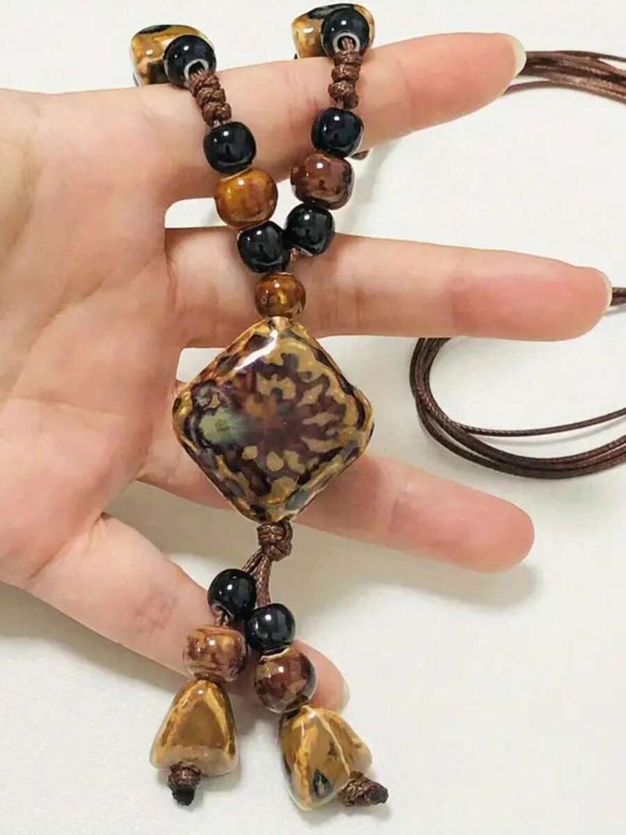 1pc Vintage Kiln-Fired Ceramic Brown Stone Glaze Bead Rope Long Necklace Sweater Chain, Suitable For Women's Daily Wear, Dating, Christmas, Valentine's Day Gift - Multicolor - View 1