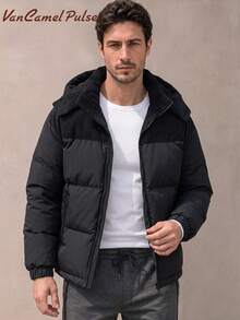 Vancamel Pulse Men's Winter Colorblock Detachable Hood Jacket, Casual Loose Fit Sports Outdoor Top With Large Pockets - Black - View 5