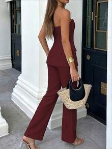 2件組優雅極簡風女款修身西裝套裝，上衣＋長褲套裝，適合假日派對、通勤日常商務、外出穿搭，返校夏季穿搭 - 酒紅色 - 查看 3