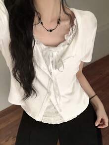 Women's Lace Patchwork Casual Versatile Daily Wear Short Sleeve T-Shirt White Summer - White - View 2