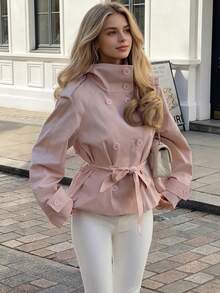 Autumn/Winter Pink Women's Tie-Front Button-Up Stand Collar Long Sleeve Mid-Length Trench Coat, Suitable For Dating And Commuting - Pink - View 1