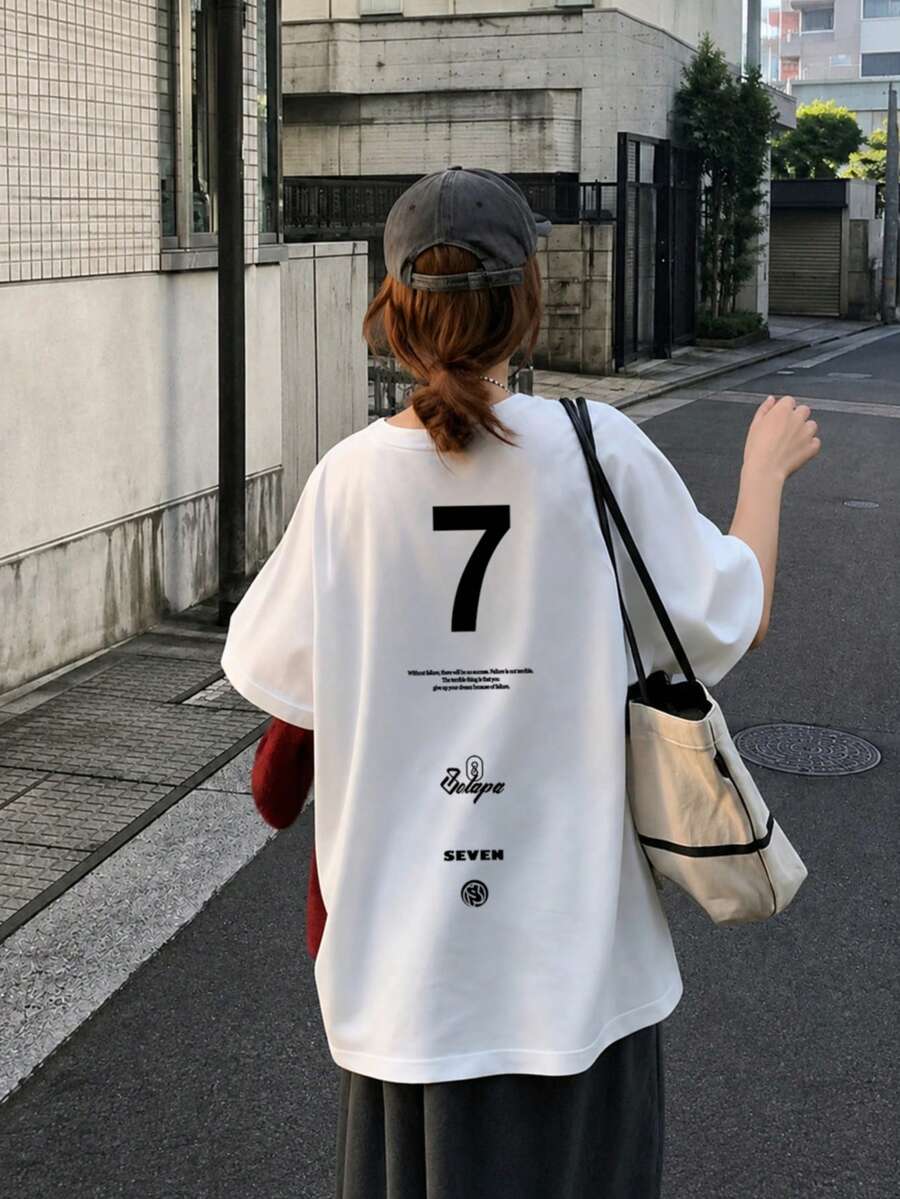 日系女式宽松圆领卡通字母印花短袖T恤，夏季休闲白色 - 白色 - 查看 1