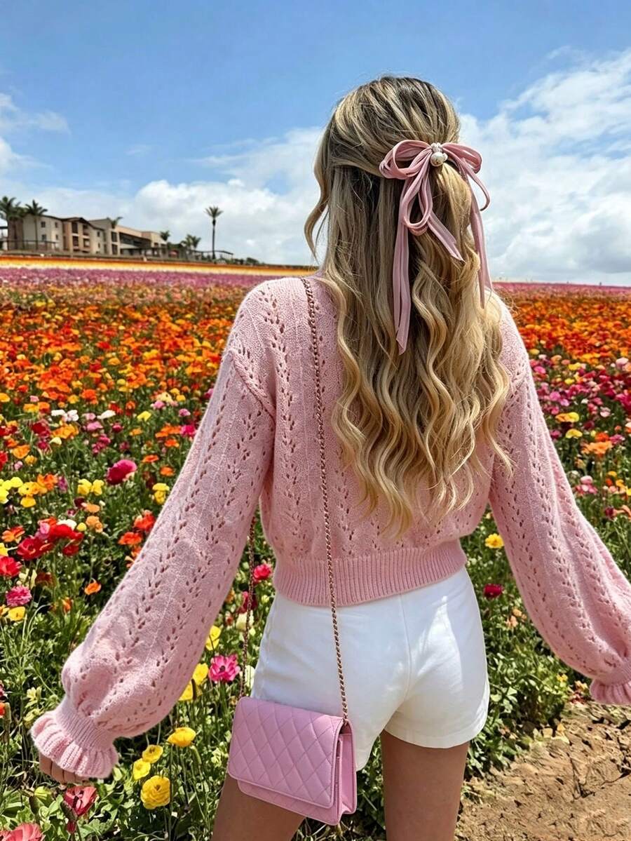 Korean Gentle Campus Pink Ribbed Hollow V‑Neck Cardigan, Women's Lotus Cuff Short Knit Top For Autumn Outing Commute Dating - Pink - View 1