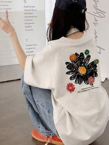 女士宽松圆领短袖字母花卉印花T恤，春夏休闲款 - 淺花灰 - 查看 2
