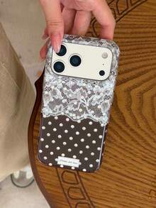 1PC Ins Autumn Maillard Vintage Brown Polka Dot Lace IMD Full Coverage Anti-Drop PC Phone Case Compatible With Apple 11 Pro Max/12 Pro Max/13 Pro Max/14 Pro Max/15 Pro Max/16 Pro Max/17 Pro Max/18 Pro Max - Multicolor - View 3