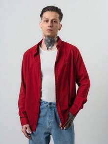 Men's Embroidered Patch Long Sleeve Oversize Shirt Burgundy - Burgundy - View 1