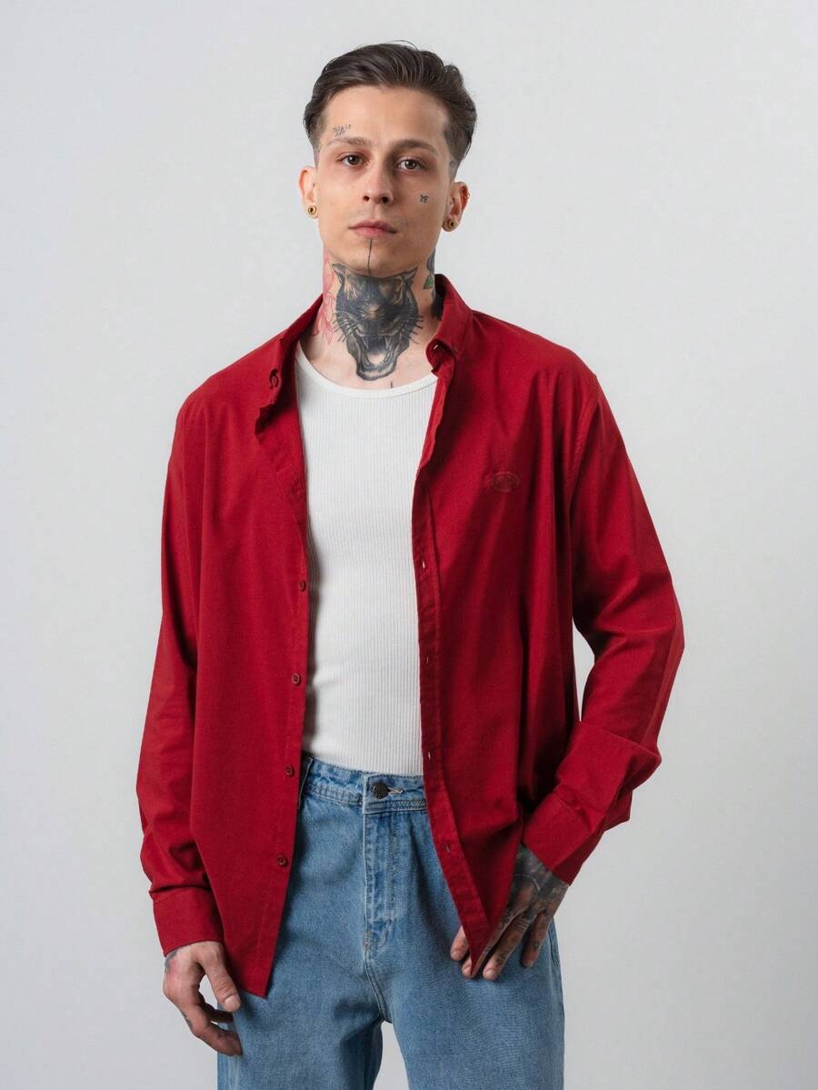 Men's Embroidered Patch Long Sleeve Oversize Shirt Burgundy - Burgundy - View 1