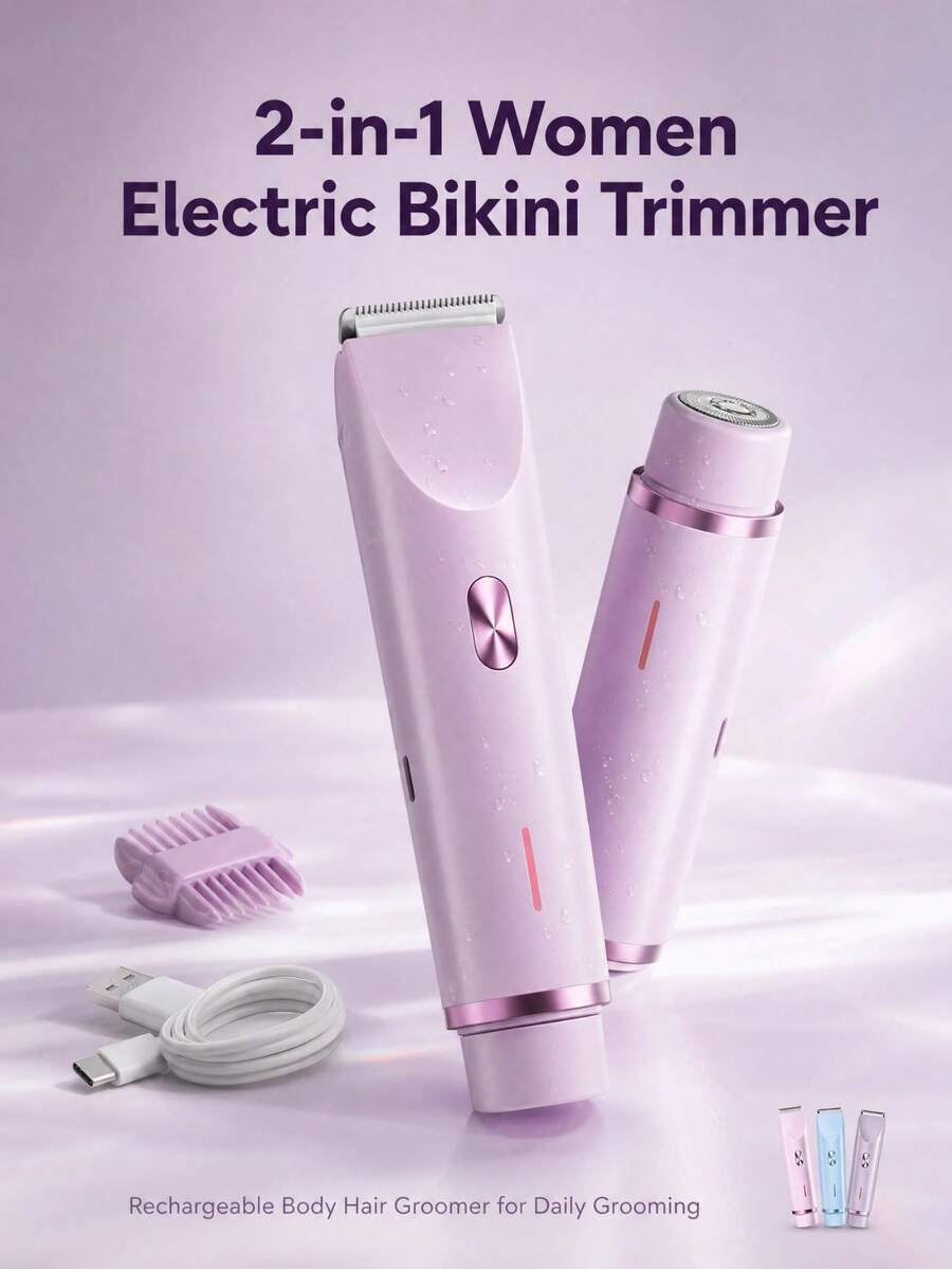 2-In-1 Women's Electric Body Trimmer & Bikini Trimmer, Rechargeable Ceramic Blade Rotary Shaver, Detachable And Washable, Suitable For Sensitive Areas, Underarms, Legs And Facial Hair, USB-C Interface, Wireless Portable Travel Design