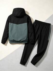 1 Set Men's Spring/Autumn Fashion Colorblock Sports Outfit, Hooded Zip-Up Jacket + Cuffed Joggers, Suitable For Daily Fitness, Running, Commuting Casual Wear - Black - View 5