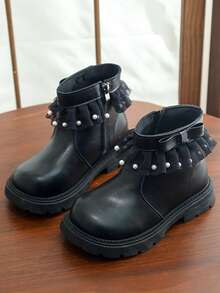 Sepatu Bot Pendek Putri Modis untuk Anak Perempuan, Model Baru Musim Gugur 2026, Motif Hati & Pita untuk Balita - Hitam - View 4