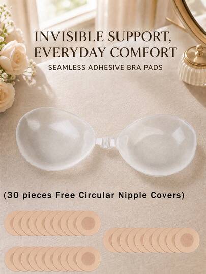1pc Transparent Invisible Self-Adhesive Bra (Includes 30pcs Round Nipple Covers), Gentle Shaping, Multi-Function Nipple Covers, Suitable For Various Styles Of Dresses