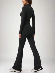 26AW New Arrival - Women's Black Small Stand Collar Zip-Up Jacket + Flared Pants Set, Solid Color Minimalist Elegant Outfit For Daily Commute, Date, Yoga, Pilates, Christmas, New Year - Black - View 8