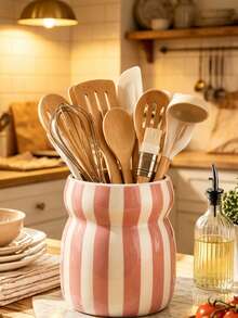 Large Capacity Kitchen Utensil Storage Rack, Pink Striped Countertop Organizer, Suitable For Spatulas, Spoons, Whisks, Ladles And Cooking Tools, Decorative Kitchen Storage - Waist-cinching Stripes - View 1