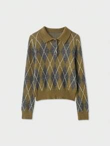 YROOE Vintage Diamond Checkered Collar Long Sleeve Women's Sweater, Autumn/Winter - Multicolor - View 1