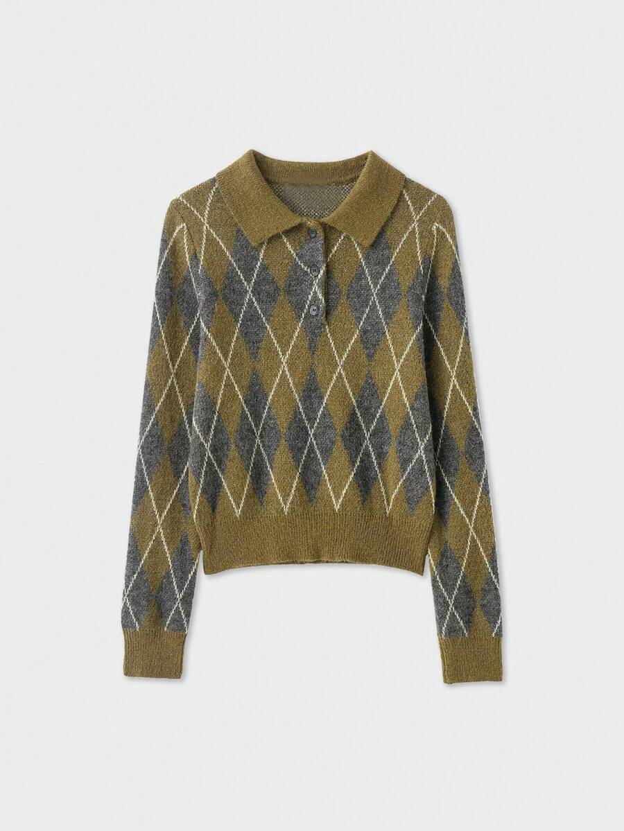 YROOE Vintage Diamond Checkered Collar Long Sleeve Women's Sweater, Autumn/Winter - Multicolor - View 1