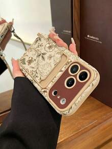 1件裝花葉彩繪圖案PU皮革經典防摔軟卡槽短掛繩手機殼，相容Apple 17Pro/17/Air/17Promax/11/12/13/14/16 Pro Max/16 Pro/15系列，鏡頭保護，節日禮物 - 彩色 - 查看 2