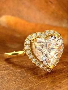 1 Pc Women's Gold Tone Heart‑Shaped Cubic Zirconia Halo Ring, Suitable For Wedding, Party Wear, Valentine's Day Gift. No Box. - Gold - View 4