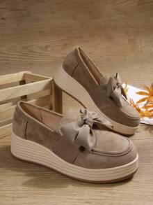 Women's New Bow Velvet Thick Sole Comfortable Height-Increasing Wedge Shoes Beach Home - Khaki - View 7