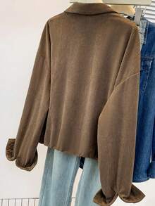 Women's Corduroy Jacket, Elegant Lapel, Casual Button Front, Solid Color, Machine Washable, Suitable For Spring And Autumn - Coffee - View 5
