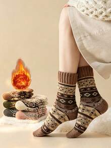 5 Pairs Women's Fair Isle Thermal Lined Thick Mid-Calf Socks, Retro Mori Style, Autumn/Winter - Multicolor - View 1