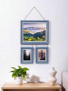 1pc Dual-Color Faux Wood 3-Piece Hanging Photo Frame Set, 10 Inch + 2pcs 5 Inch Rope Connected Wall Hanging Photo Frames, Home Photo Wall Decor - Multi-color - View 8