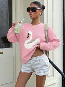 Casual Healing Atmosphere Cartoon Swan Jacquard Knit Top Women's Loose Long Sleeve Pullover Sweater Round Neck Dropped Shoulder Front Chest Swan Jacquard Texture Pattern Soft Skin-Friendly Breathable Autumn/Winter Sweet Knit Top - Pink - View 6