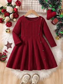 Girls' Spring/Autumn New Christmas Fashion Casual Long Sleeve Dress - Burgundy - View 1