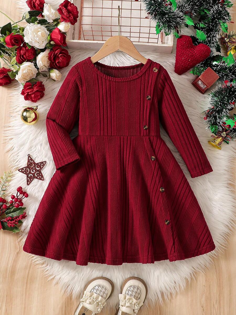 Girls' Spring/Autumn New Christmas Fashion Casual Long Sleeve Dress - Burgundy - View 1
