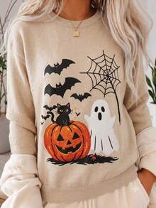 Fall Halloween Pumpkin Ghost Black Cat Graphic Sweatshirt, Crew Neck Loose Long Sleeve Casual Spider Web Bat Pattern Pullover Top - Multicolor - View 1