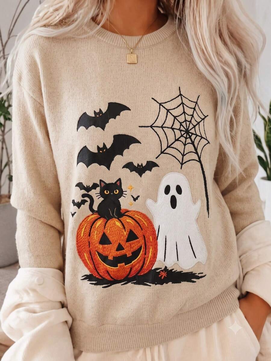 Fall Halloween Pumpkin Ghost Black Cat Graphic Sweatshirt, Crew Neck Loose Long Sleeve Casual Spider Web Bat Pattern Pullover Top - Multicolor - View 1