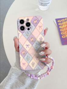 1pc Purple TPU Macaron Square Bow & Floral Print INS Pattern Anti-Drop Full Coverage Phone Case And 1pc Pink Purple Heart Soft Clay Phone Lanyard, Suitable For Versatile Phone Case/Lanyard Phone Case/Fun Phone Case/Android Phone Case, For Galaxy S26 S25 S24 S23 S22 S21 S20 Plus Ultra FE Case - Multicolor - View 3