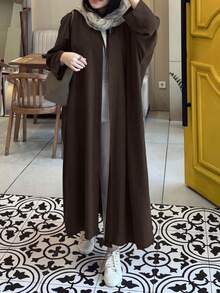 Women's Loose Casual Long Sleeve Collared Long Shirt With Front Buttons, Side Slits And Pockets, Solid Color, For Daily Wear And Dating - Brown - View 4