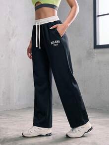 Knot & Curve Women's Long Pants Spring/Autumn Colorblock Waistband Letter Embroidery Sweatpants Drawstring Elastic Waist Retro Straight Leg Loose Sports Pants - Black - View 1