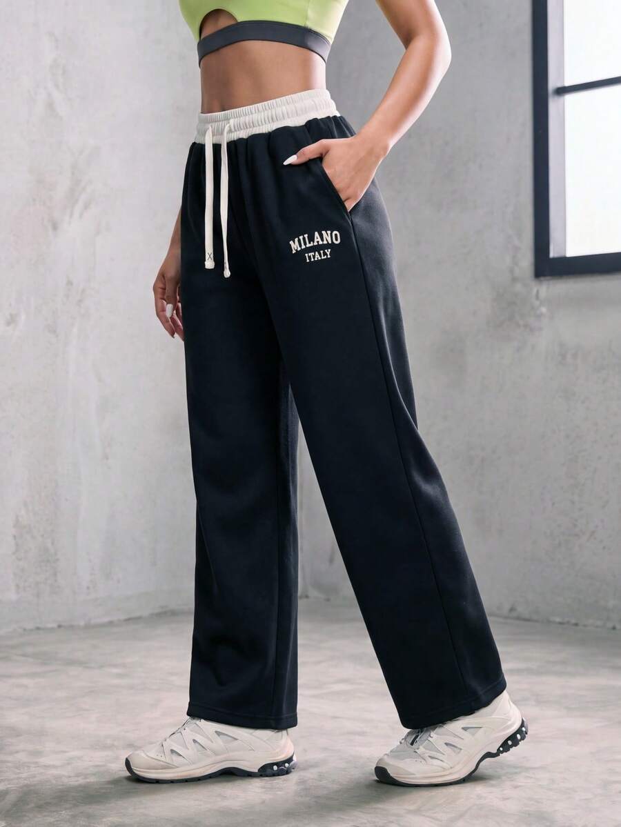 Knot & Curve Women's Long Pants Spring/Autumn Colorblock Waistband Letter Embroidery Sweatpants Drawstring Elastic Waist Retro Straight Leg Loose Sports Pants - Black - View 1