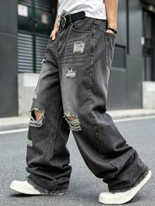 Men's Vintage Ripped Distressed Baggy Wide Leg Jeans Grey Wash Frayed Raw Hem Punk Gothic Streetwear Denim Pants - Dark Grey - View 4