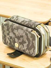Upgraded New Camouflage Pattern Patchwork Multi-Function Large Capacity Double Zipper Phone Wallet Fashion Minimalist Soft Material Casual Holiday Date Messenger Bag - Army Green - View 6