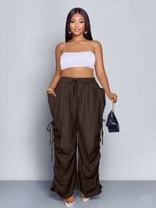 Women's Plus Size Casual Loose Drawstring Pleated Wide Leg Pants - Mocha Brown - View 3