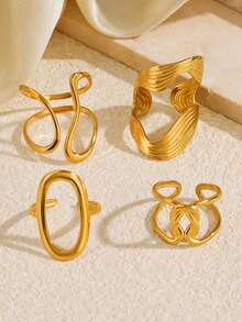 4pcs Stainless Steel Gold Fashionable Personalized Minimalist Casual Geometric Asymmetrical Line Ring Set, Suitable For Women's Daily, Holiday, Shopping, Gathering Wear - Multicolor - View 3