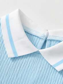 Baby Boy Light Blue Vertical Ribbed Colorblock Polo Collar Knit Long Sleeve Top & Elastic Waist Cuffed Denim Pants, 2-Piece Casual Set For Spring And Autumn - Baby Blue - View 5