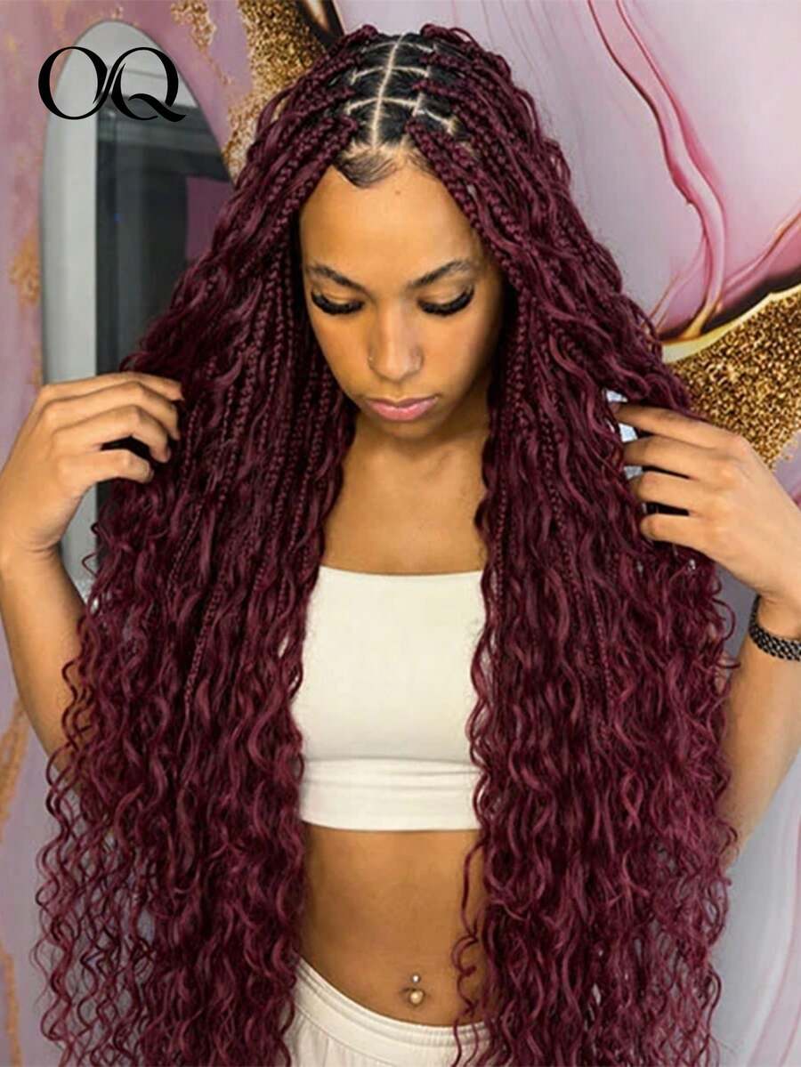 OQ Burgundy Deep Wave Crochet Human Hair Feather Hair Extensions 16-24 ...