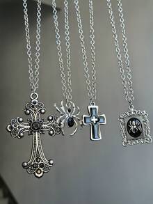 4pcs Cool Gothic Style Alloy Photo Frame Spider Cross Pendant Necklace Suitable For Women Street Party Wear - Multicolor - View 4