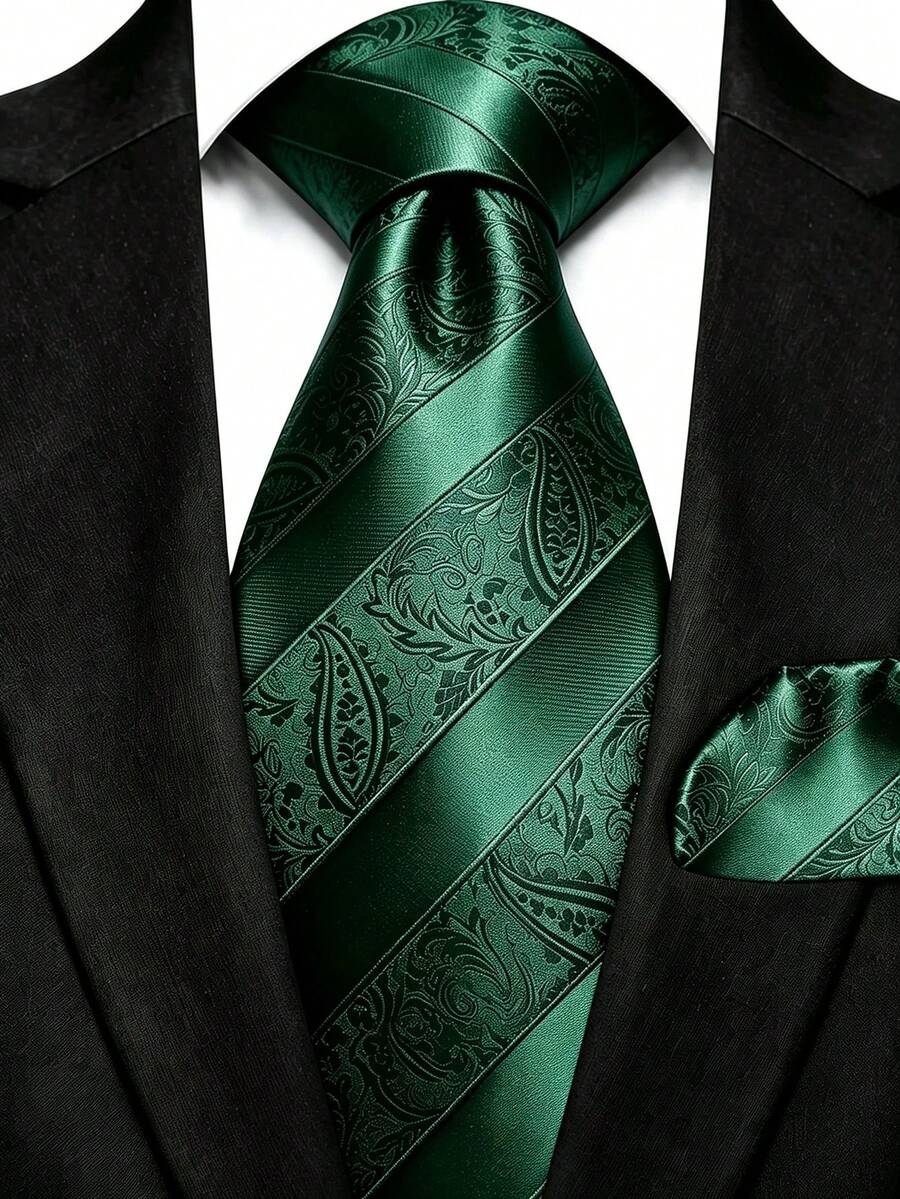 Men's Tie Set, Classic Fashion Tie And Pocket Square Set, Suitable For Weddings, Business And Banquets - Green - View 1