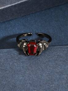 1pc Gothic Style Red Cubic Zirconia Open Ring, Bat Design Dark Style, Unisex, Suitable For Halloween, Easter, Can Be Paired With Gothic Style Clothing - Black - View 4