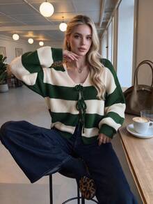 Women Autumn Striped Knit Cardigan V Neck Tie Front Long Sleeve Fall Outfits For Women Casual Tops - Multicolor - View 8