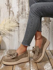 Women's New Bow Velvet Thick Sole Comfortable Height-Increasing Wedge Shoes Beach Home - Khaki - View 3