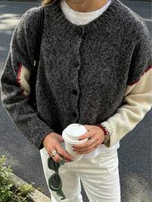 Women's Urban Casual Knit Cardigan, Elegant Grey Patchwork Loose Knit Sweater, Comfortable Versatile Design For Autumn/Winter, Handmade With Rope Buckle Decor, Round Neck Long Sleeve Knitted Cardigan - Dark Grey - View 3