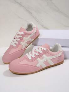 Women's Round Toe Colorblock Soft Sole Flat Lace-Up Style Retro Casual Sneakers For Spring And Autumn Daily Wear - Pink - View 8