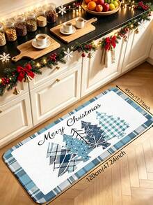 1pc Christmas Fresh Blue & White Plaid Christmas Tree Pattern Kitchen Mat, Soft & Comfortable Fabric, Thick & Padded, Easy To Clean & Washable, Foldable & Easy Care Carpet Mat, Suitable For Kitchen, Dining Room, Kitchen Carpet, Laundry Room Mat, Bathroom Carpet, Welcome Mat, Kitchen Carpet, Small Mat, Fashion Home, Christmas Home Gift Welcome Mat, Christmas Home Decor Foot Mat - Multicolor - View 5