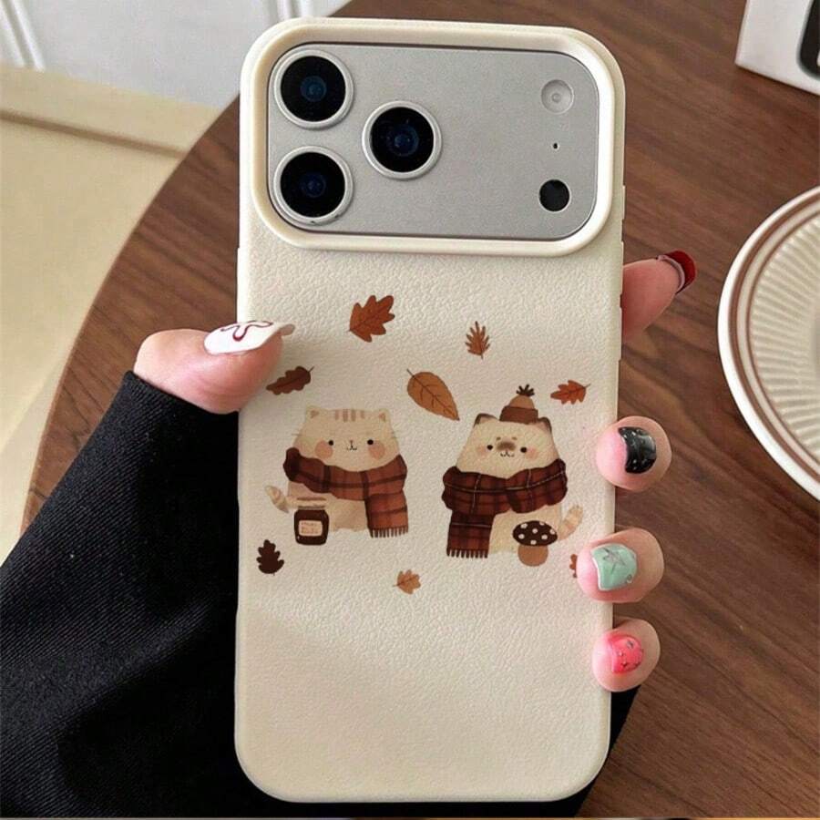 TPU Material Autumn Leaf Scarf & Healing Cat Pattern Phone Case, Full Coverage Anti-Drop Soft Shell Protective Cover For IPhone 17 Pro Max/17/16 Pro Max/15/13/12/11/ S20 FE/A15/S24/A55/ Note 11/Note 12/Note 13 Pro - White - View 1